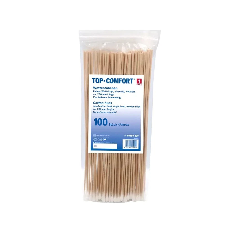 TOP COMFORT 100 Stück Wattestäbchen 23cm lang kleiner Kopf ca. 5mm - einseitig - Holzstab