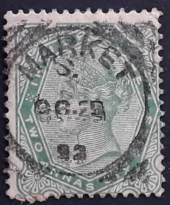 1892 India 2A6P yellow green QV stamp Market cds - Picture 1 of 2
