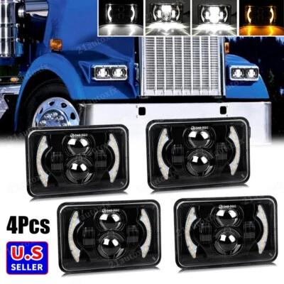 4x6'' LED Headlights Hi/Lo Amber DRL For Kenworth KW T800 T400 T600 W900B W900L - Image 1 of 4