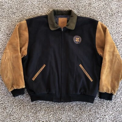 Vintage Golden Bear Varsity Jacket Mens XL Navy Brown Wool Leather Full Zip READ - Image 1 of 4