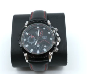 LIGE 6181WM1 Men’s Chronograph Watch Black Dial Red Stitch Leather Quartz 44mm - Bild 1 von 16