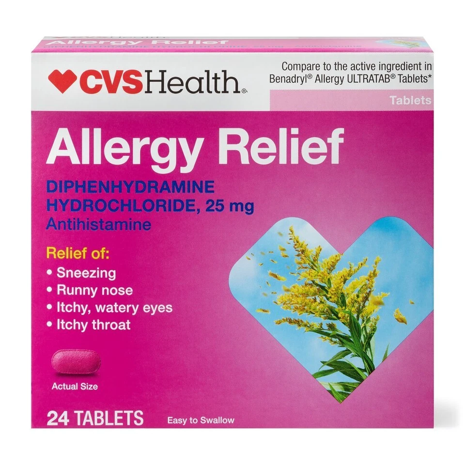 CVS Health Alivio de alergias, clorhidrato de difenhidramina, 25 mg, 24 tabletas Foto 1 de 1