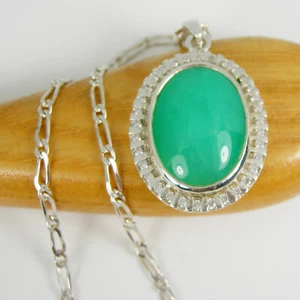 Genuine 925 Sterling Silver Natural Chrysoprase & White CZ Pendant 50cm Necklace - Picture 1 of 12
