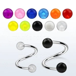 2pcs. Surgical Steel Spiral with Acrylic Ball Ends Labret Ear Cartilage 16G 14G  - Picture 1 of 2