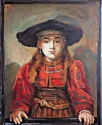 Copy of the Painting "Girl in a Picture Frame"by the artist Rembrandt 20x16 inc. - Image 1 of 4