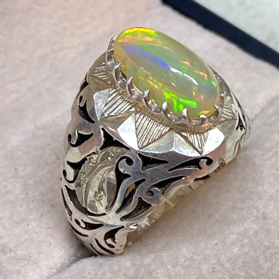 Anillo AAA 925 plata esterlina para hombre natural blanco ópalo australiano piedra a todo color Foto 1 de 4