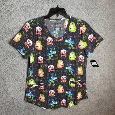 New Cherokee Modern Classic V Neck Grey Science Animals Small Women Scrub Top - Image 1 of 4