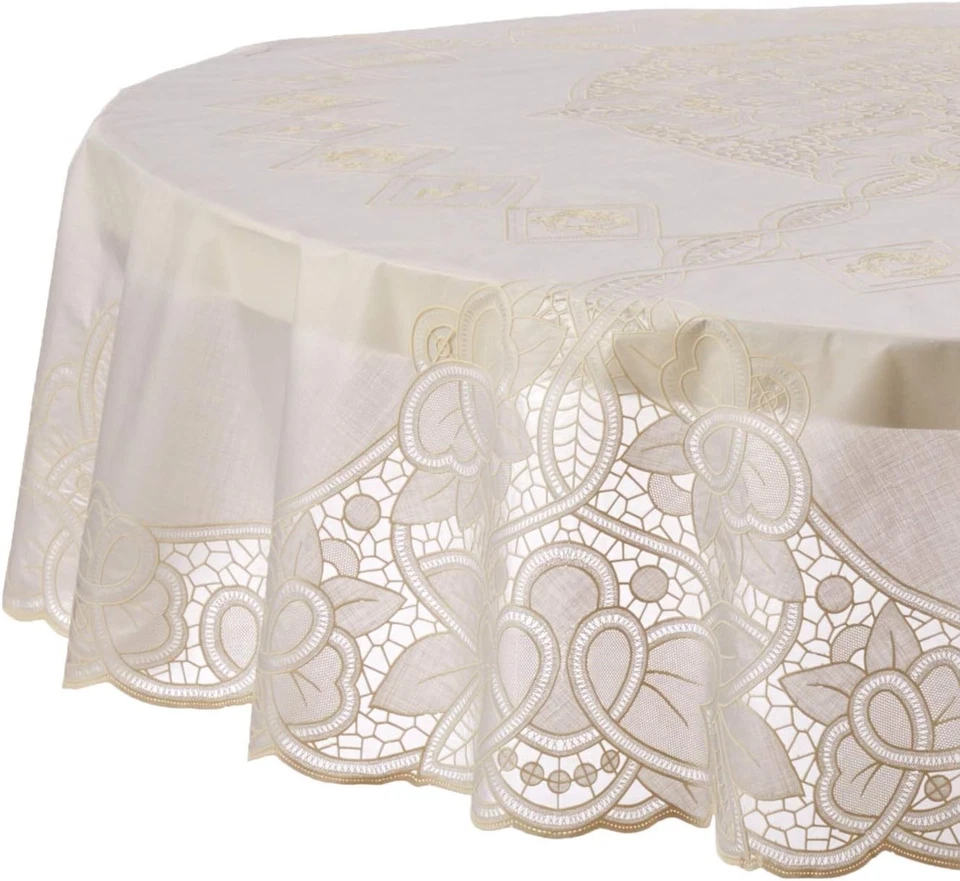 Violet Linen Vinyl Lace Betenburg Design Tablecloth 72" (Round), Beige  - Image 1 of 4