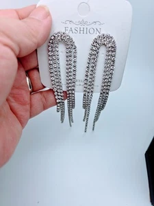 Bebe Jewelry Earrings Chandelier Drop 3” Silver - Faux Diamonds/ Crystals - Picture 1 of 3
