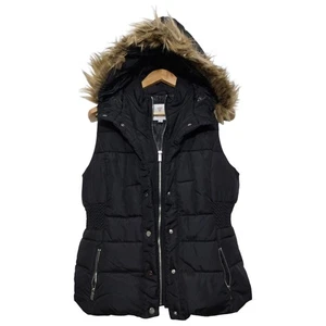 Guess Puffer Vest Faux Fur Hood Winter Jacket Womens L Full Zip Preppy - Picture 1 of 5