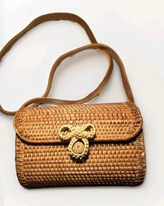 Antique Light Brown Woven Straw Wood Hard Frame Shoulder Bag - Picture 1 of 10
