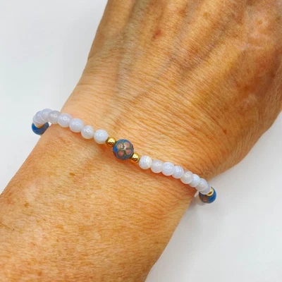 Pulsera Vintage Cuarzo Rosa Azul Cloisonne Floral Cuentas 14K GF  Foto 1 de 4