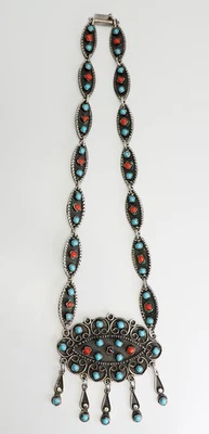 Splendido Vintage L Argento Sterling Turchese Corallo Decorativo Collana Mexico - Immagine 1 di 4