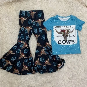 loves cows girl top bell bottoms set small - Picture 1 of 2