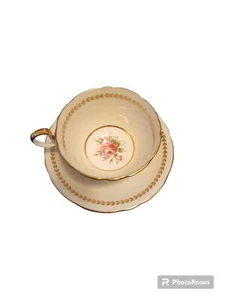 CUP & SAUCER AYNSLEY PINK FLOATING ROSE GOLD LACE ON CHAMPAGNE CREAM - Picture 1 of 4