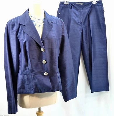 Victor Costa De Colección 100% Seda Azul Marino Traje Chaqueta Blazer 14 Capri 10 Pantalón Traje Formal  Foto 1 de 4