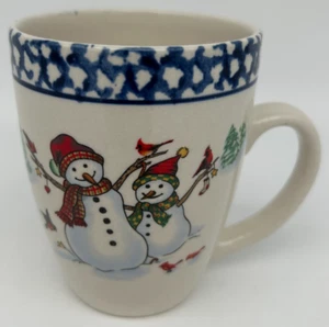 Taza de café Thomson ~ USADA ~ Patrón azul invierno ~ Borde esponja muñecos de nieve ~ 4" x 3" D - Imagen 1 de 6