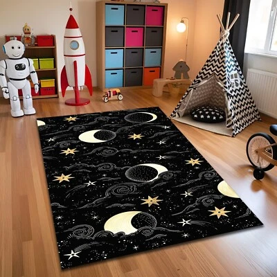 Moon and Stars Themed Black Carpet for Space Fan Nonslip Galaxy Rug Planet Decor - Image 1 of 3