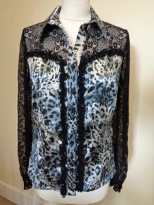 JOSEPH RIBKOFF BLUE, BLACK AND CREAM ANIMAL PRINT BLOUSE WITH LACE SLEEVES - 14 - Picture 1 of 7