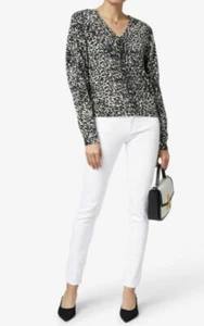 BROCHU WALKER Moni Black & White Animal Print 100% Cashmere V-neck Sweater Small - Picture 1 of 8