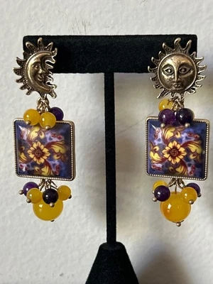 Celestial Sun & Moon Statement Pierced Earrings Yellow & Purple Glass Beads Boho - Image 1 of 4
