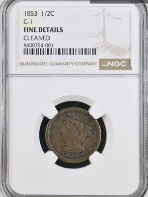 1853 C-1 Braided Hair ½ 1¢ NGC Fine Details Cleaned Box 29 Slot 31 - Image 1 of 2