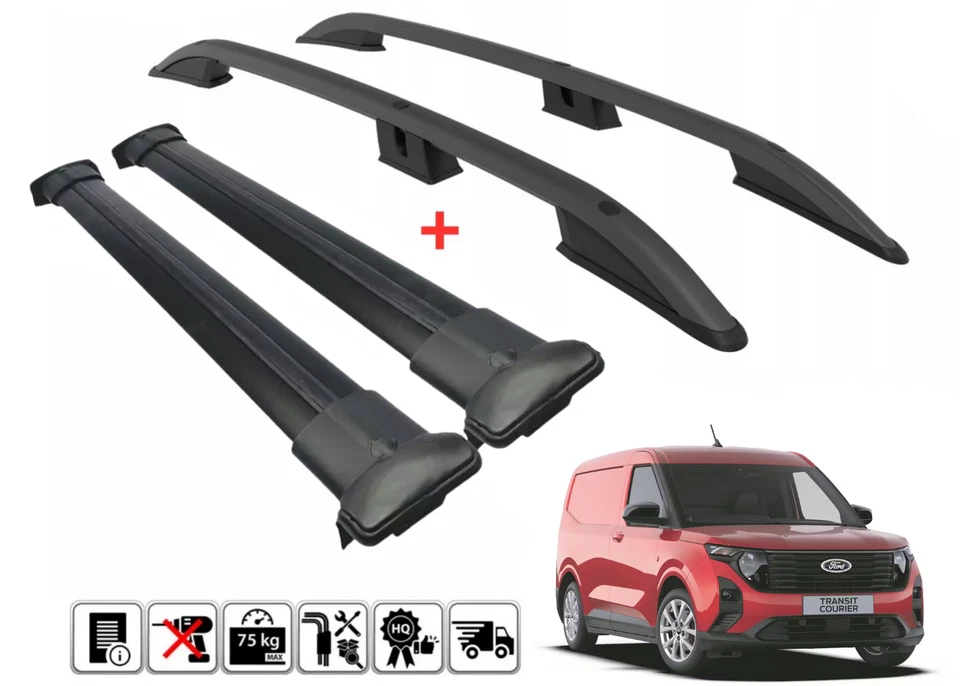 Nuevo Ford Courier 2024-2025 negro aluminio techo rieles laterales y barras transversales 4 piezas Foto 1 de 4