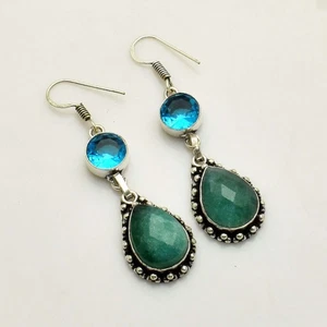 Simulated Emerald Blue Topaz Gemstone Drop Dangle Earrings Jewelry 2.2" AE-57037 - Picture 1 of 1