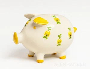 Handpainted Floral Ceramic Piggy Bank Yellow White Green Coin Bank w/ Stopper - Picture 1 of 18