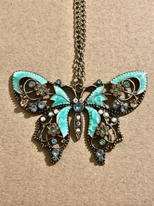 Huge Butterfly Necklace Pendant Beautiful Teal Color Butterfly Bronze Rhinestone - Picture 1 of 1