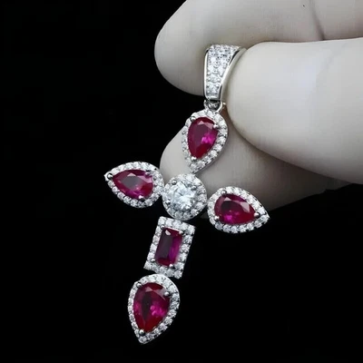 2.50Ct Pear Cut Simulated Pink Ruby Elegant Cross Pendant 14k White Gold Plated - Image 1 of 4