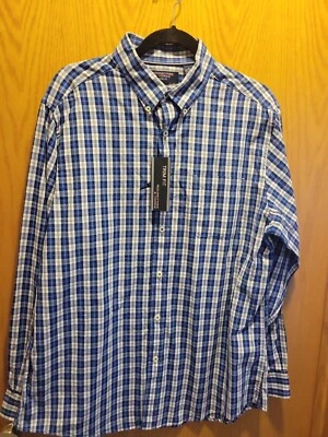 Roundtree & Yorke Long Sleeve Shirt Large Trim Fit Blue Gray White Plaid Cotton - Image 1 of 4