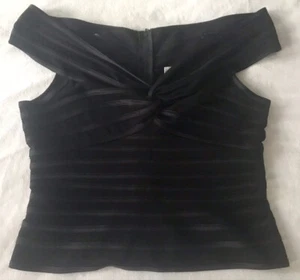 Victor Costa Sz. 10 Black Fitted Off-Shoulder Front Twist Ribbon Tucked Top - Picture 1 of 8