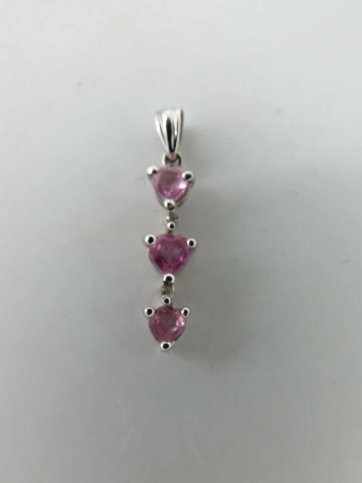 10k White Gold Pendant 3 Pink Heart Stones Diamond Past Present Future .61 Grams Foto 1 de 1