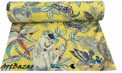 Colcha Kantha Amarilla Queen Throw Étnica Algodón Manta Nuevo Estampado Mono Foto 1 de 4