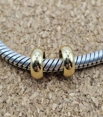 Lote de 2 cuentas espaciadoras lisas espaciadoras europeas auténticas de oro de 18k sobre plata Foto 1 de 3