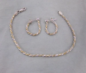 Estate Find Women's Vtg  7" Silver & Gold Rope Bracelet & Earring Set Signed 925 - Picture 1 of 4
