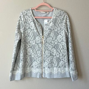 Soft Surroundings Lace Jacket Ivory/Gray Zip Front Cardigan Sweater Size S NWT - Picture 1 of 12