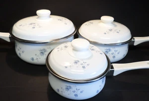 Vintage Erbstück Kochgeschirr Blau Girlande Emaille Kochgeschirr 3 Töpfe Pfannen Deckel 1,2,3 QT - Bild 1 von 22