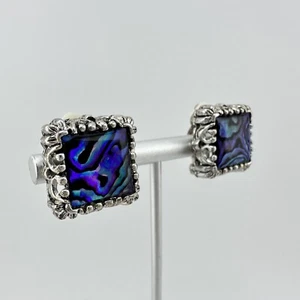 Abalone Inlay Byzantine Style Square Shell Silver Tone Clip On .5” Earrings - Picture 1 of 4
