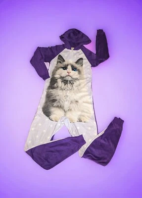 Pijama Faded Glory púrpura de una pieza Happy Cat polar con capucha para mujer talla XS 0-2 Foto 1 de 4