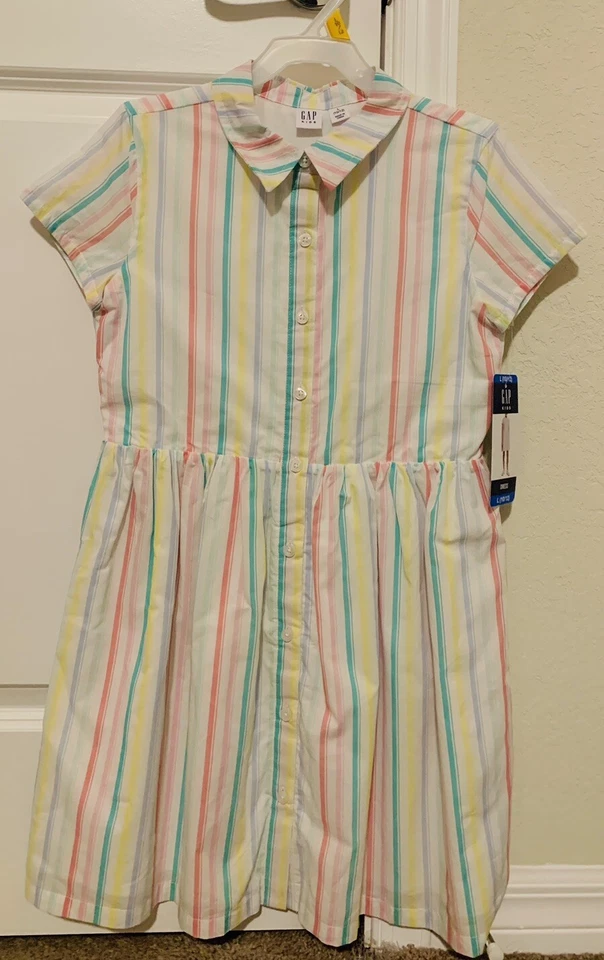 GAP Kid's Girl's White With Pastel Stripes Short Sleeve Dress Size 10/12