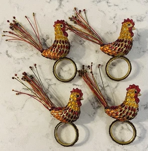 Set Of 4 Vintage Pier 1 Bejeweled Acrylic Rooster Napkin Rings Fall - Picture 1 of 2