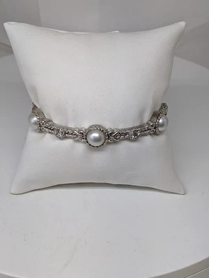 Vintage Judith Ripka 925 Sterling Faux Pearl CZ Crystal Cuff Bracelet 7", 35.7g - Image 1 of 4