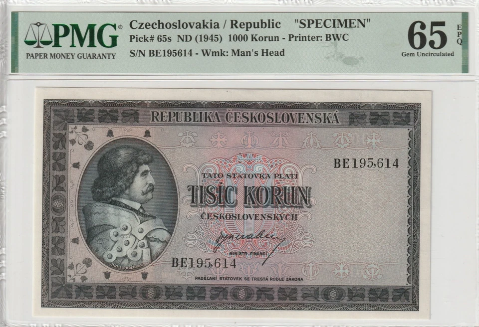 i-001395 Czechoslovakia 1000 Korun ND (1945) Specimen. PMG 65 EPQ - Image 1 of 2
