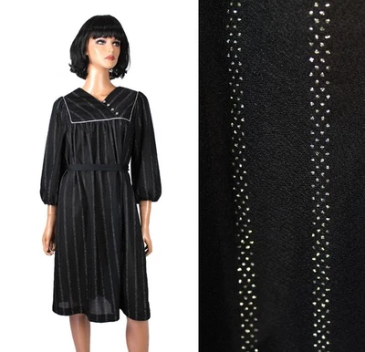 Vestido de Cóctel Años 80 XL Negro Elástico Brillante Plateado Brillo Rayas Cambio Tienda Foto 1 de 4