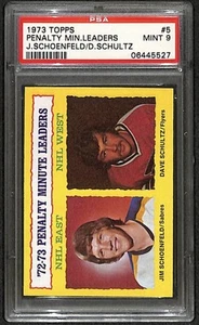 1973 Topps Penalty Minute Leaders Jim Schoenfeld Dave Schultz #5 PSA 9 Mint - Picture 1 of 2