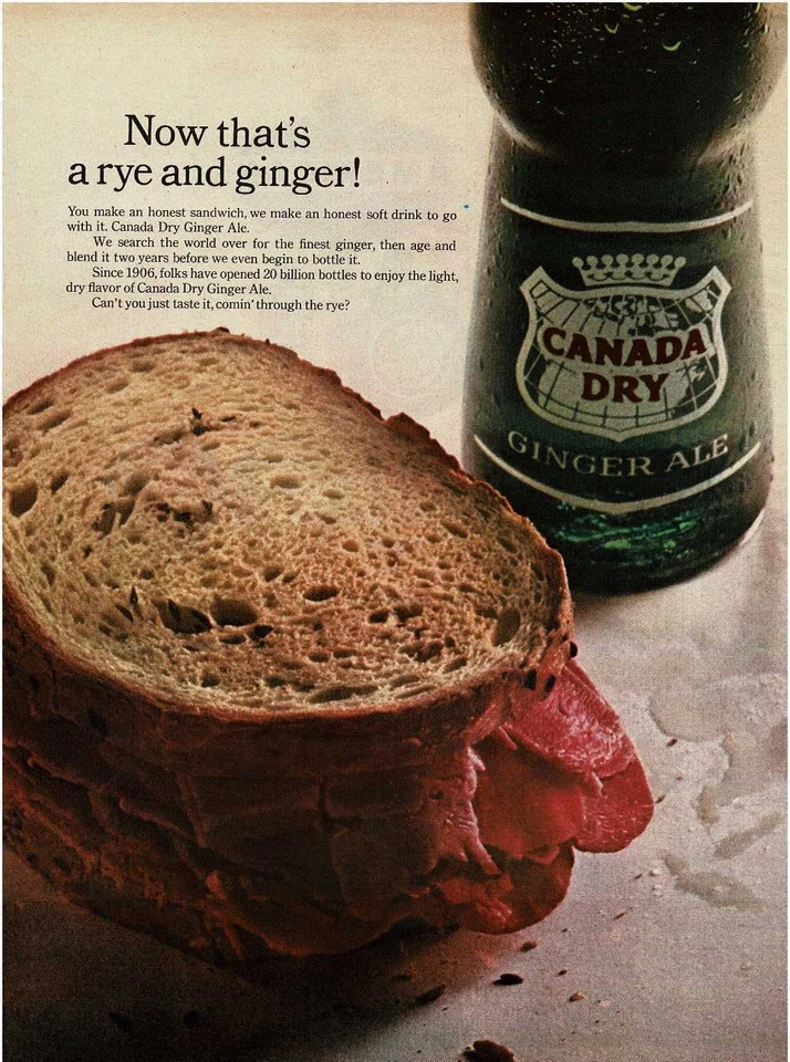 Canadá Dry Ginger Ale 1965 carne en conserva sobre centeno sándwich anuncio impreso vintage Foto 1 de 1
