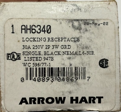 ARROW HART AH6340 LOCKING RECEP 30A 250V 2P 3W SINGLE BLACK L6-30R LOT OF 2 ⭐ - Image 1 of 4