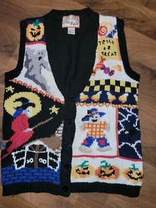 Women's Medium Vintage Halloween Sweater Vest Pumpkins Witch - Picture 1 of 4